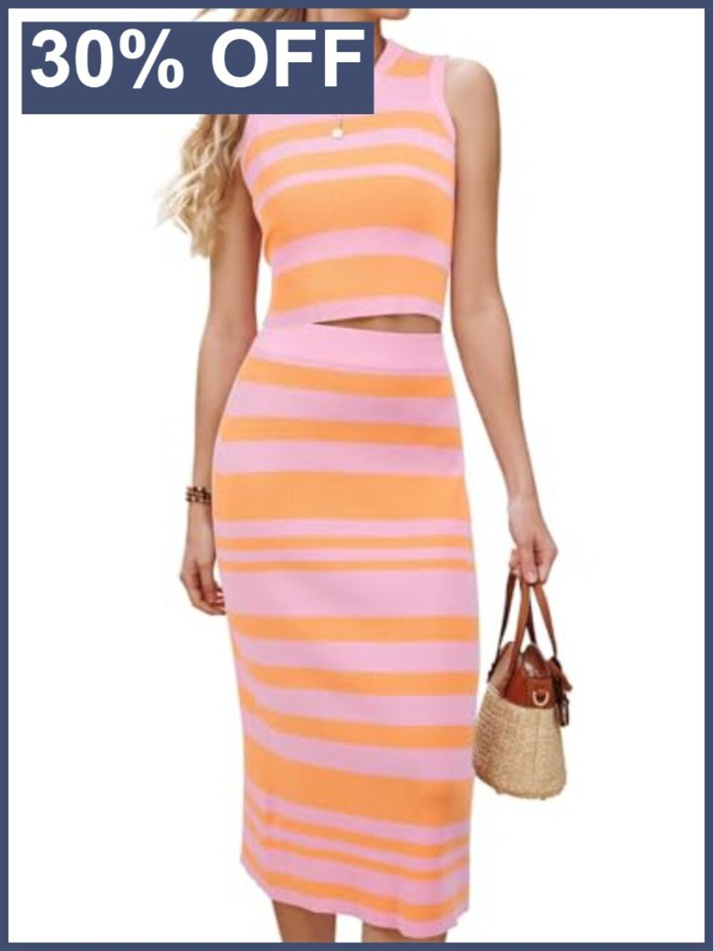 Women's 2 Piece Knit Sweater Skirt Set Sleeveless Crop Top Midi Skirt